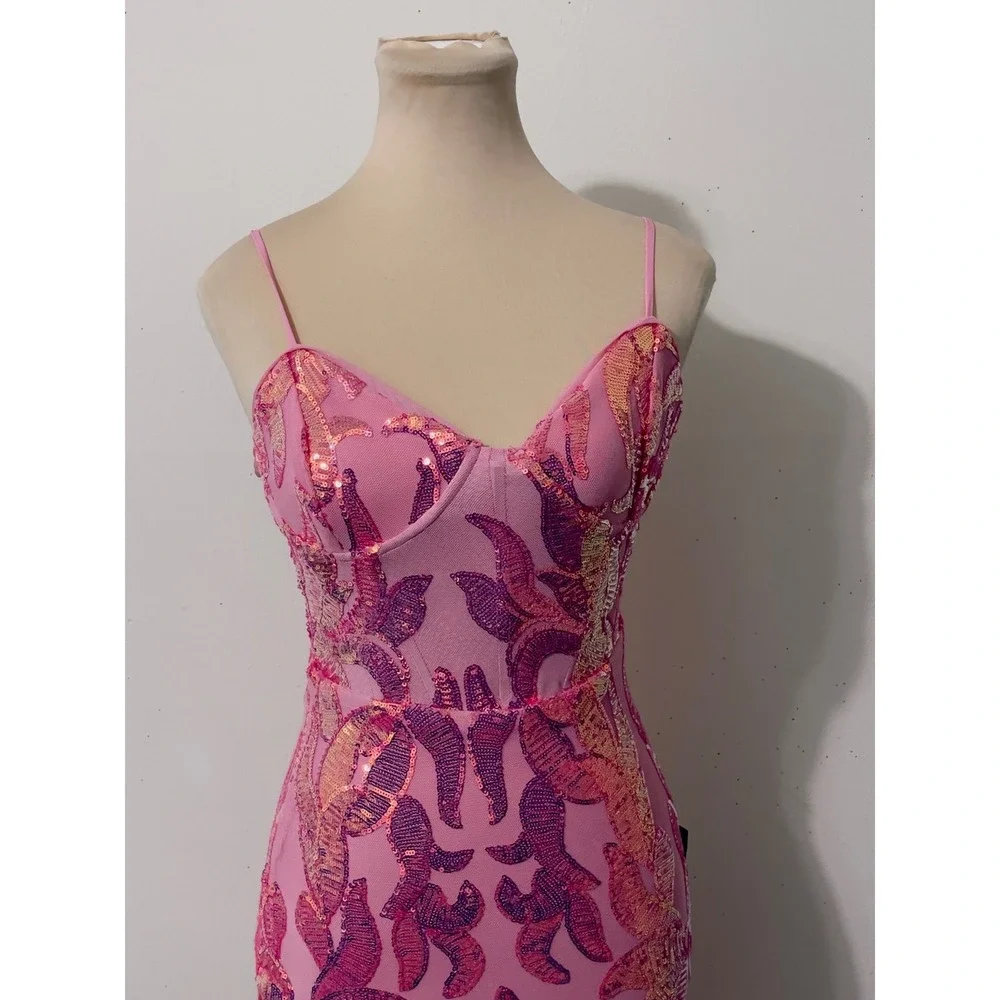 Lulus Women Pink Sequin Mermaid Maxi Dress XS‎ Formal Evening Gown Adjustable